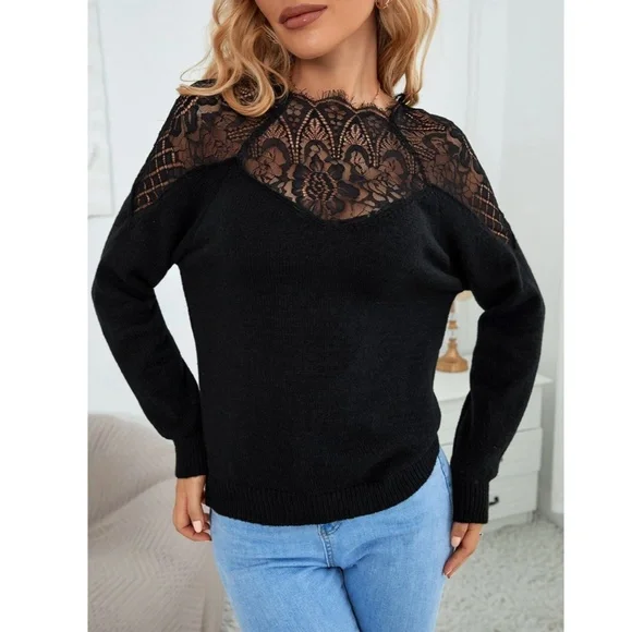 Lace Detail Black Knit Sweater - Picture 3 of 8